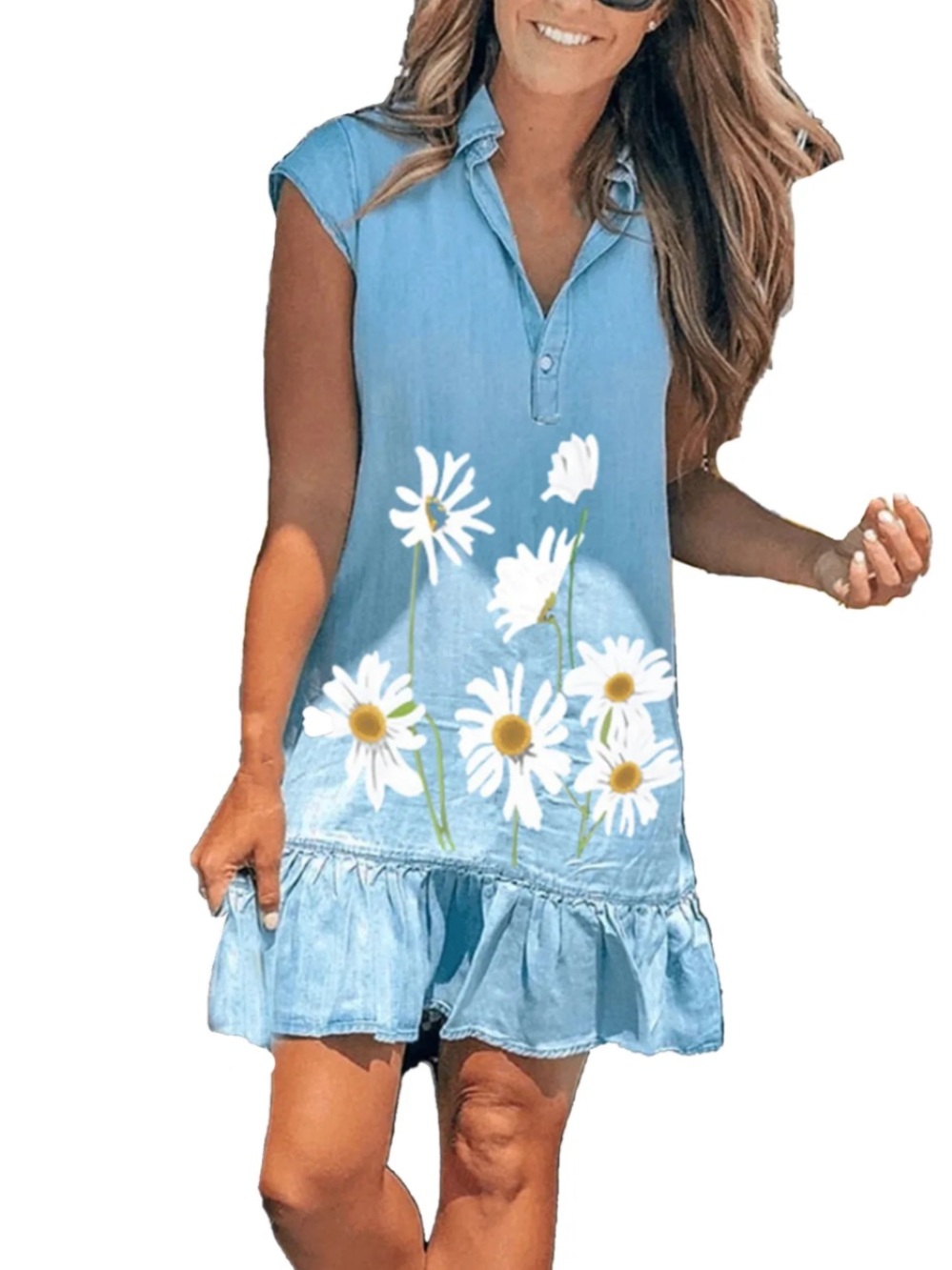 MISSLOOK Blue Denim-Look Polo Dress with White Daisy Embroidery